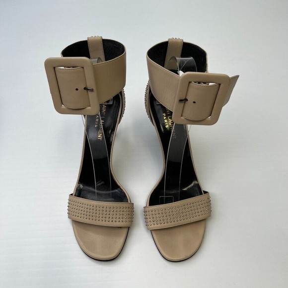 Saint Laurent Shoe Women 8.5 Jane Ankle Strap Italy Studs Heel Party Core 38.5 - Picture 2 of 14